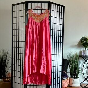 David Meister Pink Embroidered Hi-Low Maxi Dress | Plus Size 3X | Pockets